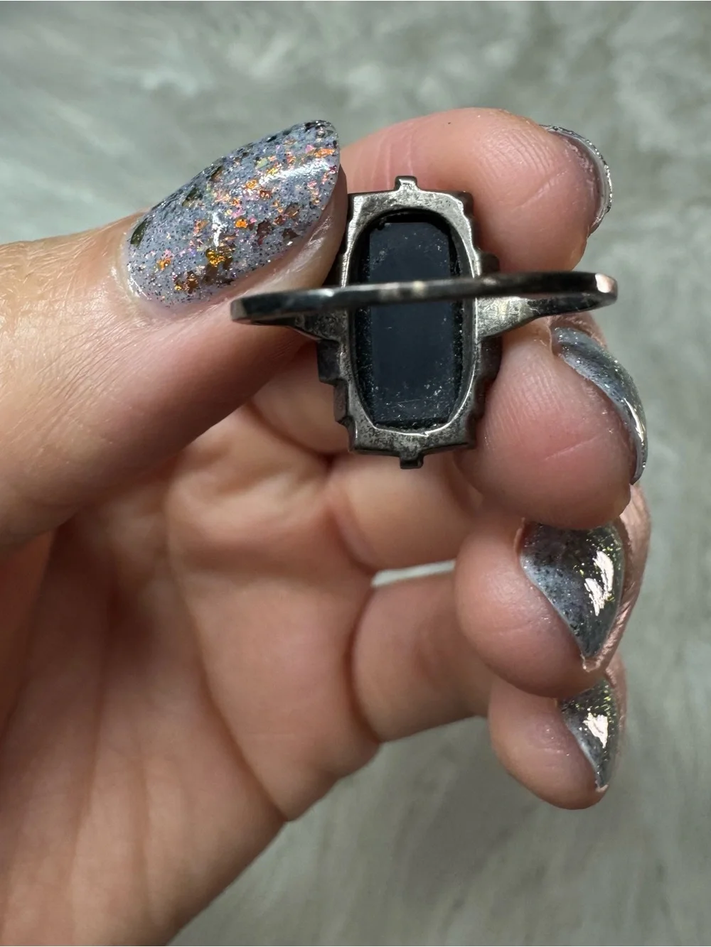 Sterling Silver Opal Rectangular Ring - Iridescent Blue-Green